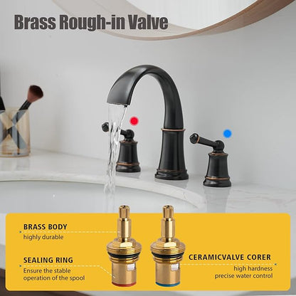 BESy Widespread 8 inch Oil Rubbed Bronze Bathroom Faucet, Two Handles 3 Holes Sink Faucet Waterfall Spout Lavatory Basin Faucets, Vanity Bathroom Sink Faucet with Supply cUPC Lines