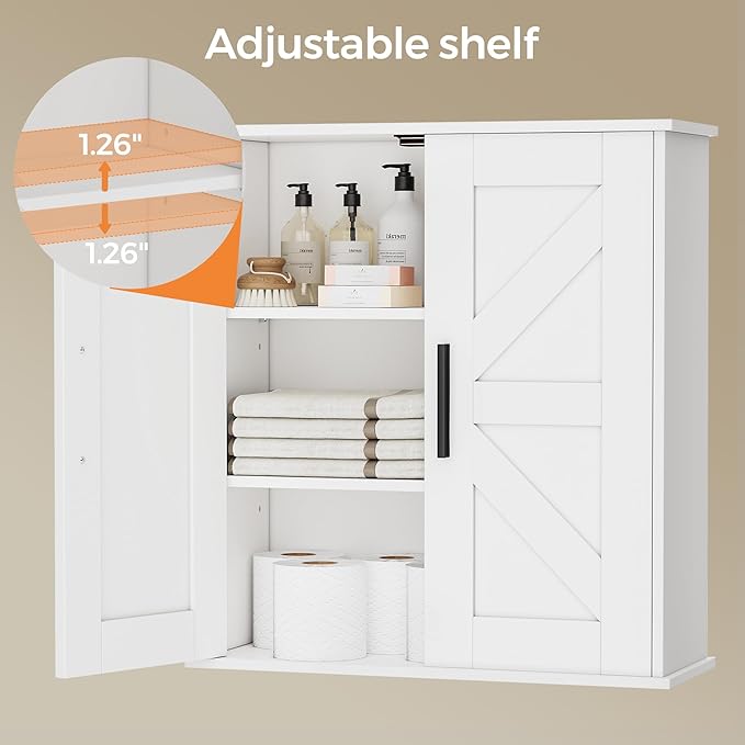 Bathroom Wall Cabinet, Over Toilet Storage Cabinet with Barn Doors and Adjustable Shelves, 3-Tier Medicine Cabinet Wall Mounted, for Bathroom, Kitchen, Entryway, Laundry Room, White, (7.9" D)
