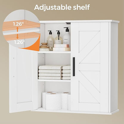 Bathroom Wall Cabinet, Over Toilet Storage Cabinet with Barn Doors and Adjustable Shelves, 3-Tier Medicine Cabinet Wall Mounted, for Bathroom, Kitchen, Entryway, Laundry Room, White, (7.9" D)