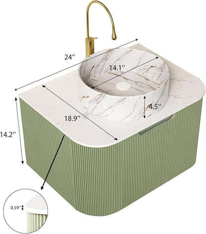 Yayzy 24" Floating Bathroom Vanity with Sink, Solid Wood Fluted Cabinet, White Marble-Patterned Ceramic Basin & Faux Marble Top, Soft-Close Drawer, Pre-Assembled, Light Green
