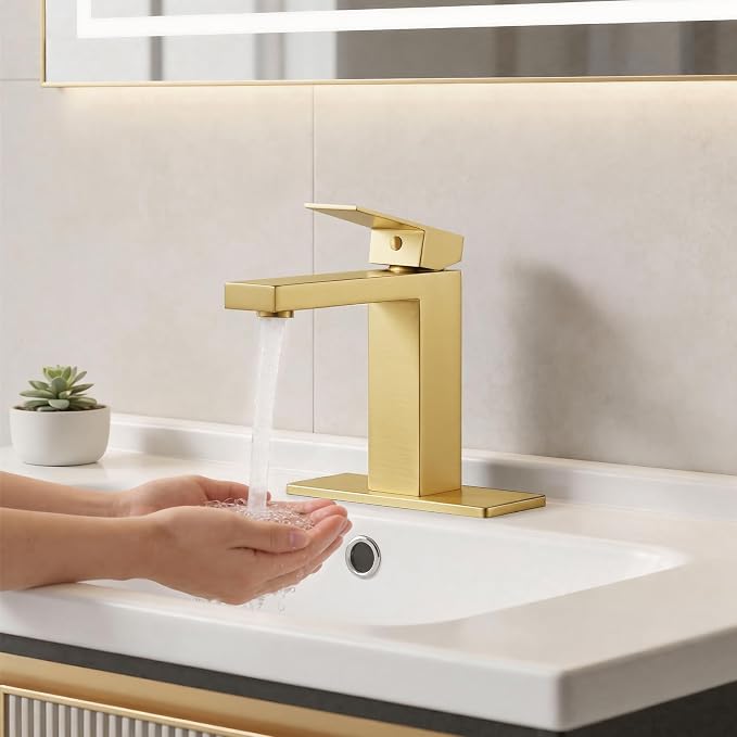 Brushed Gold Bathroom Faucet, SUS304 Stainless Steel Lead-Free | Vanity Faucet with Deck Plate & Pop-Up Drain, Single/3 Hole Installation, for Farmhouse, Bathroom Sink, Vanity, Washbasin, RV