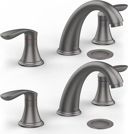 Bathroom Sink Faucet, Faucet for Bathroom Sink, Widespread Gun Grey Bathroom Faucet 3 Hole with Stainless Steel Pop Up Drain and cUPC Lead-Free Hose - (Gun Grey 2 Packs)