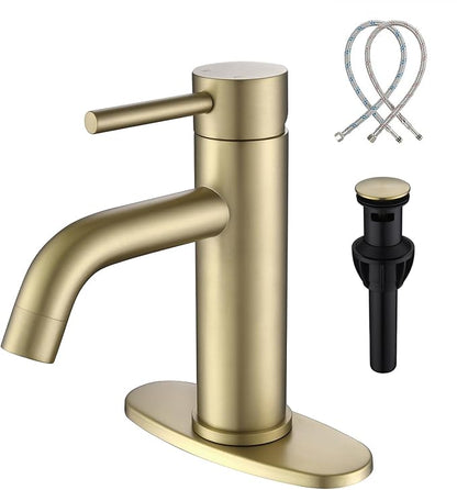 Bathroom Faucet Brushed Gold Modern Bathroom Sink Faucet with Single Handle Suitable for 1 or 3 Holes, Supply Deck Plate and Hose