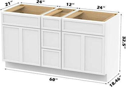 HomeBeyond 60 Inches Bathroom Vanity Base Cabinet Without Sink, Double Sink Top Sturdy Floor Mounted Cabinet with Door & Soft Closing Drawers, White, VA4124-2+VA4112-3