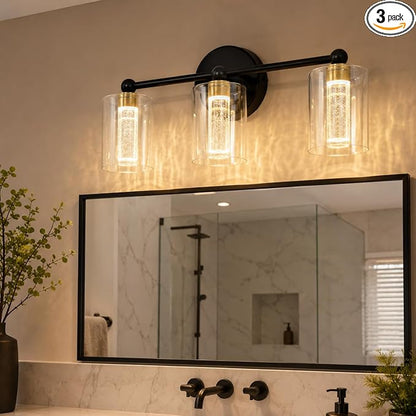 Black and Gold Vanity Light with 3 Color Modes, Eye Protection LED Bathroom Light Fixtures, Dimmable Modern Wall Light Over Mirror with Clear Glass Shade (Black & Gold, 3-Light)