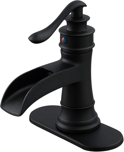 BWE Black Bathroom Faucet Matte Waterfall Sink Farmhouse Bath Vanity Single Hole Faucets One Handle Basin Antique centerset Restroom Mixer Tap Supply Line