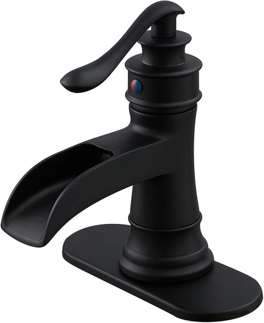 BWE Black Bathroom Faucet Matte Waterfall Sink Farmhouse Bath Vanity Single Hole Faucets One Handle Basin Antique centerset Restroom Mixer Tap Supply Line