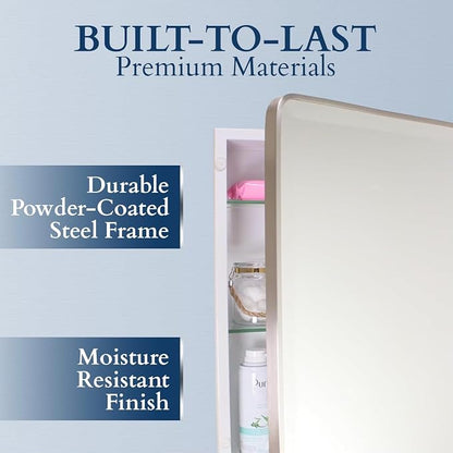 16x26 Austin Farmhouse Metal Framed Rounded Rectangle Recessed Bathroom Medicine Cabinet, Beveled Mirror, 14x24 in-Wall Opening, powder-coated Steel, Adjustable Glass Shelves, Magnet Close, White