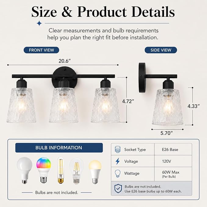 3-Light Black Bathroom Vanity Light Over Mirror, Modern Wall-Mounted Fixture with Textured Glass Shades and Stainless Steel Construction, E26 Sockets (Bulbs Not Included)