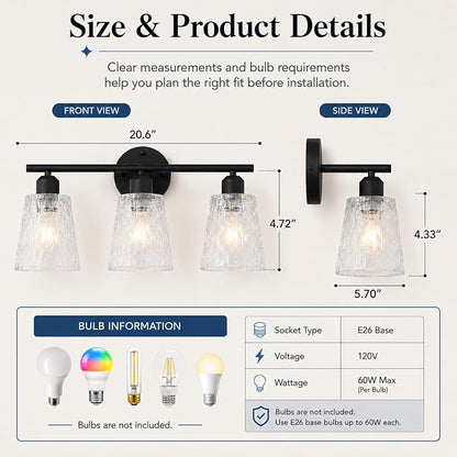 3-Light Black Bathroom Vanity Light Over Mirror, Modern Wall-Mounted Fixture with Textured Glass Shades and Stainless Steel Construction, E26 Sockets (Bulbs Not Included)