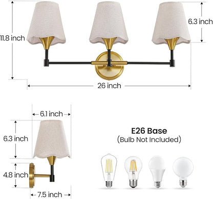 Black Gold Bathroom Vanity Light: 3 Light Vanity Lighting Fixtures with Flared Fabric Shade, Farmhouse Bathroom Lighting Fixtures over Mirror, Wall Sconce Lights for Bedroom Hallway Living Room