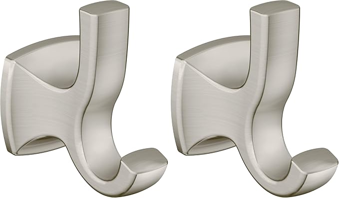 Moen Voss Brushed Nickel Bathroom Double Robe Hook, Wall Mounted Metal Hanger for Towels, YB5103BN (Pack of 2)
