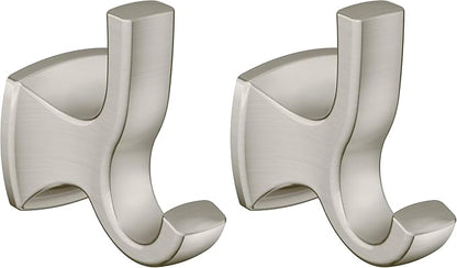 Moen Voss Brushed Nickel Bathroom Double Robe Hook, Wall Mounted Metal Hanger for Towels, YB5103BN (Pack of 2)