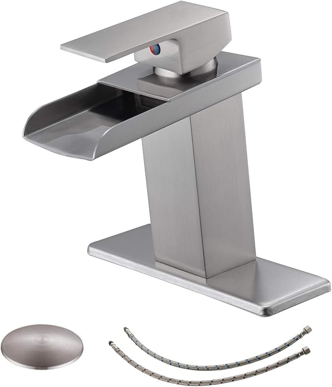 BWE Waterfall Bathroom Faucet Brushed Nickel with Pop Up Drain Stopper Assembly and Supply Line Single Handle for Sink One Hole Faucets Vanity Lavatory Mixer Tap