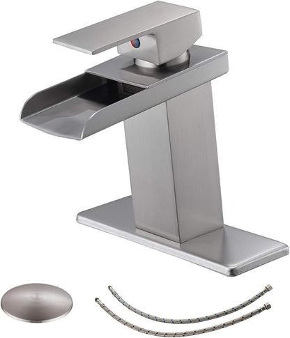 BWE Waterfall Bathroom Faucet Brushed Nickel with Pop Up Drain Stopper Assembly and Supply Line Single Handle for Sink One Hole Faucets Vanity Lavatory Mixer Tap