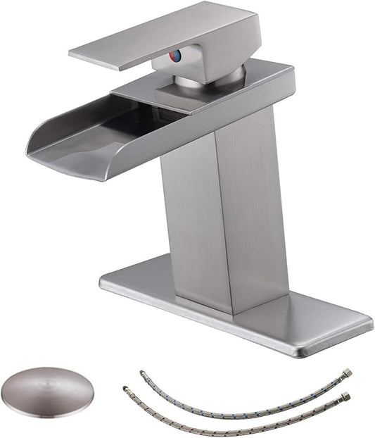BWE Waterfall Bathroom Faucet Brushed Nickel with Pop Up Drain Stopper Assembly and Supply Line Single Handle for Sink One Hole Faucets Vanity Lavatory Mixer Tap