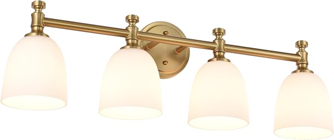 Gold Bathroom Vanity Light, 4-Light Bathroom Light Fixtures Over Mirror, Traditional Vanity Lights for Living Room, Milk White Bell Glass Shades, Standard E26 Base, Aged Brass