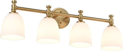 Gold Bathroom Vanity Light, 4-Light Bathroom Light Fixtures Over Mirror, Traditional Vanity Lights for Living Room, Milk White Bell Glass Shades, Standard E26 Base, Aged Brass