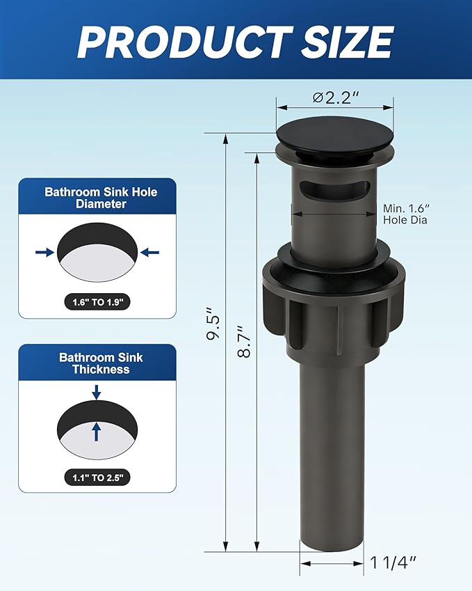 ARCORA Bathroom Sink Drain with Overflow 2 Pack, Matte Black Pop Up Drain Stopper Vanity Vessel Sink Clicker Drain Stopper