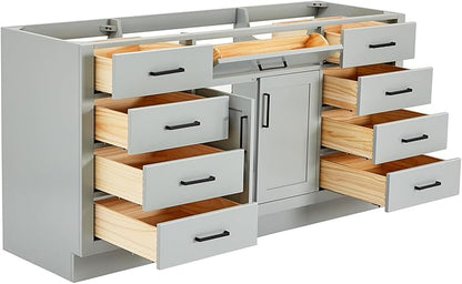 ARIEL Hepburn 66-inch Bathroom Vanity Base Cabinet,Solid Wood, 2 Soft Closing Doors, 9 Dovetail Drawers, Grey