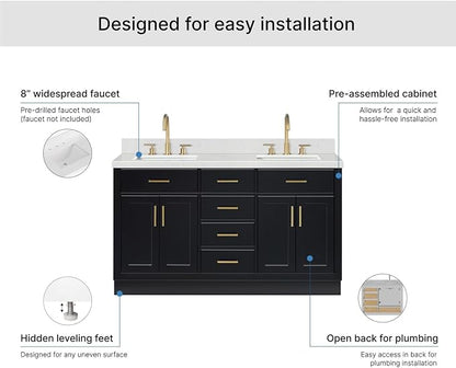 ARIEL Hepburn 60-inch Bathroom Vanity with Sink,Solid Wood, 1.5-inch Carrara White Quartz Countertop & Backsplash, Double Rectangular Porcelain Sink, 4 Soft Closing Doors, 6 Dovetail Drawers, Black