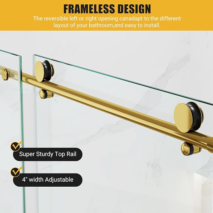 Shower Glass Door with Waterroof Seal Strip (56-60" W x 75 "H), Frameless Shower Sliding Door with Clear SGCC Tempered Glass 5/16" (8mm), Stainless Steel Hardware, Gold