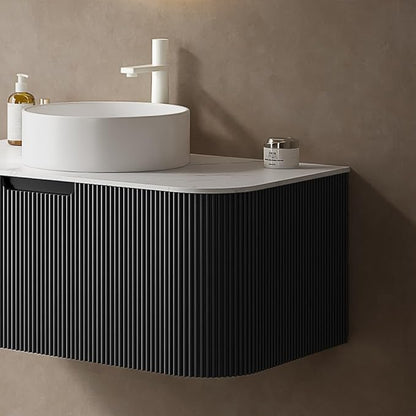 LKTART 24 Inch Floating Bathroom Vanity with Sink, Modern Wall Mounted Bathroom Storage Cabinet with Drawer, Round White Ceramic Sink Top and Marble Texture Top,Black
