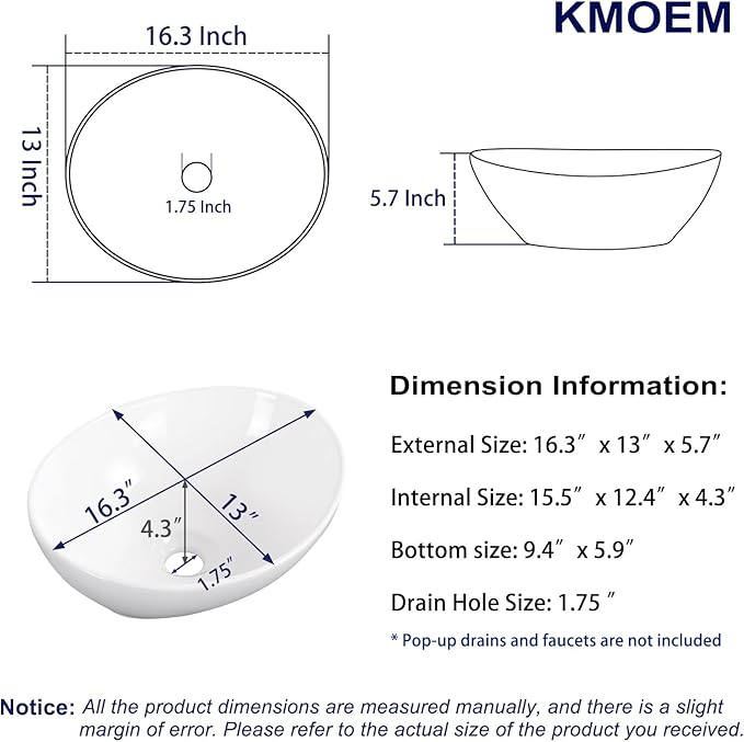 Vessel Sink 16"x13" Oval Bathroom Sink Modern White Porcelain Ceramic Above Counter Drop-in Vanity Sink for Bathrooms Art Basin