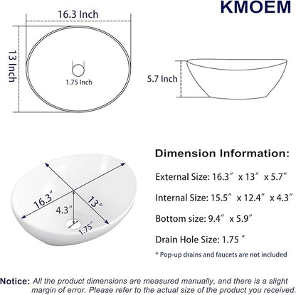 Vessel Sink 16"x13" Oval Bathroom Sink Modern White Porcelain Ceramic Above Counter Drop-in Vanity Sink for Bathrooms Art Basin