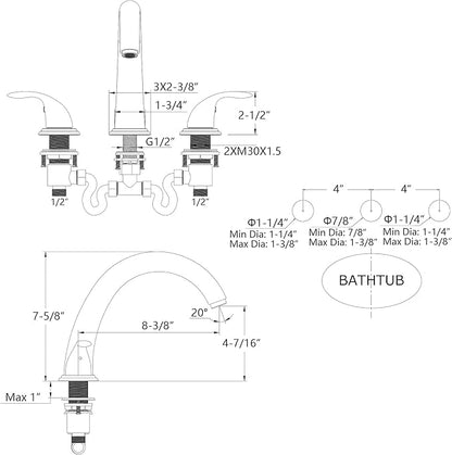 SUMERAIN Classic Roman Bathtub Faucet Brushed Nickel Tub Faucet 3 Hole 2 Handle, Valve Included