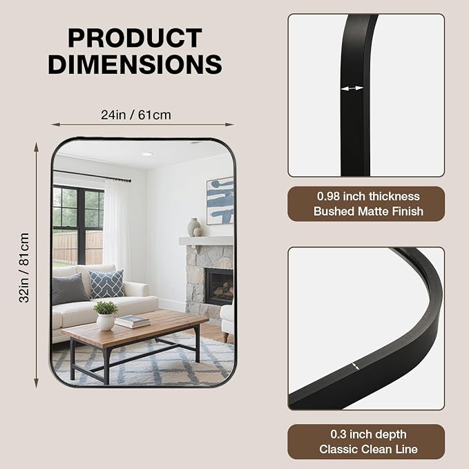 24"x32" Bathroom Mirrors for Over Sink, Matte Black Rectangle Vanity Mirror | Aluminum Alloy Frame, Clear Reflection, Rust-Resistant, Vertical or Horizontal, Wall Mount, Bedroom and Entryway