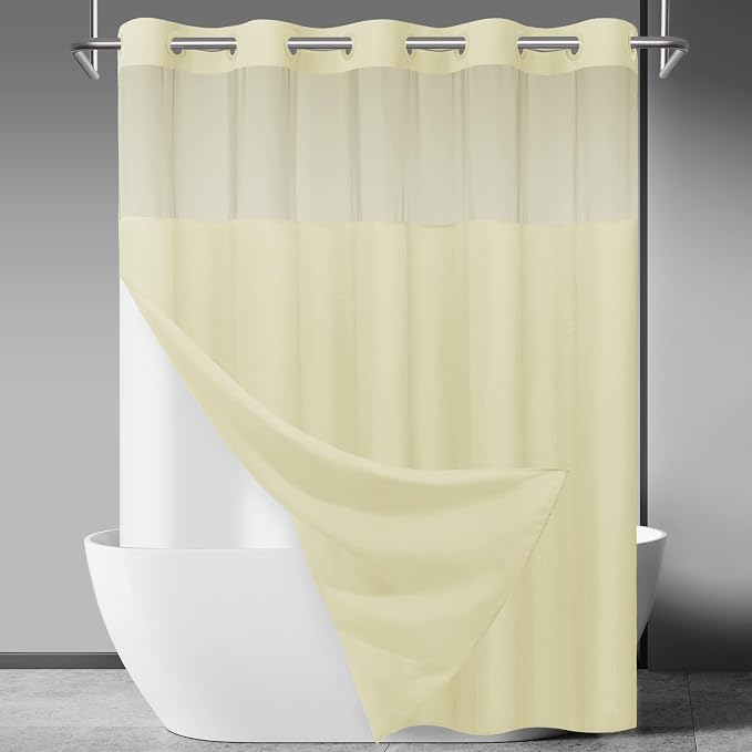SORTTO No Hook Slub Shower Curtain with Liner, 71x74, Sand | Snap in Liner, 3 in 1, Bamboo Texture, Hotel Style, Waterproof Fabric, Mesh Top Window, Corner Magnets, Machine Washable