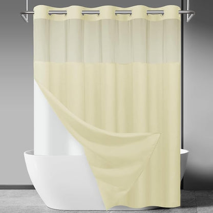 SORTTO No Hook Slub Shower Curtain with Liner, 71x74, Sand | Snap in Liner, 3 in 1, Bamboo Texture, Hotel Style, Waterproof Fabric, Mesh Top Window, Corner Magnets, Machine Washable