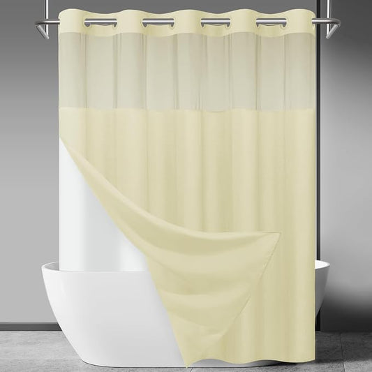 SORTTO No Hook Slub Shower Curtain with Liner, 71x74, Sand | Snap in Liner, 3 in 1, Bamboo Texture, Hotel Style, Waterproof Fabric, Mesh Top Window, Corner Magnets, Machine Washable