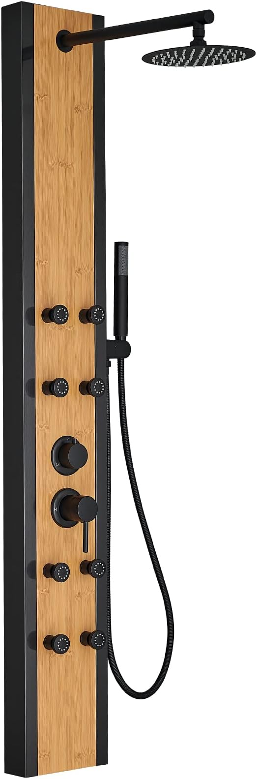 BWE Shower Massage Panel Black 8-Jet Multifunction Shower Panel System Bamboo Wood and Stainless Steel Panel with Handheld Wand Wall Mount Shower Column