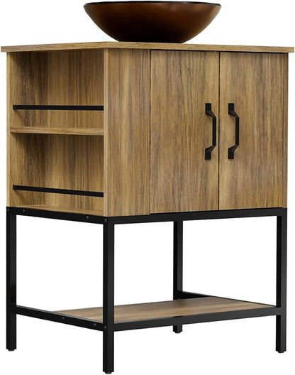 VNN Small Bathroom Vanity with Sink - 24 Inch Vanity with Sink, Freestanding Cabinet with Open Shelf, Modern Iron Wood Bathroom Cabinet with Countertop Tempered Glass Vessel, Oak