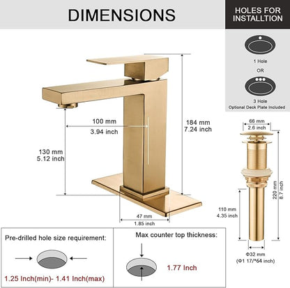Brushed Gold Bathroom Faucet, Golden Single Hole Vanity Bath Faucet, Single Handle Modern Stainless Steel Bathroom Faucets for Sink 1 Hole with Pop Up Drain Stopper & Water Supply Hoses