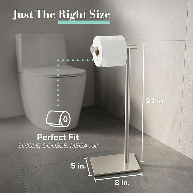 Gatco 1431SN Bathroom Toilet Paper Holder Stand, Freestanding Tissue Roll Holder, Weighted Base, Satin Nickel, 22.25 Inch, Modern Rectangle Base