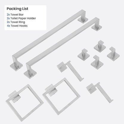 FAHKNS 10 PCS Bathroom Hardware Accessories Set 23.6 Inch Stainless Steel Bath Towel Bar Set Square Towel Ring Set for Bathroom Wall Mounted, Silver