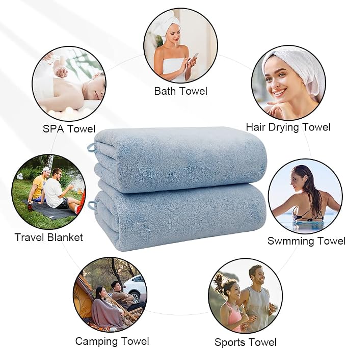 Orighty Bath Towels, Soft Feel Bath Towel, 2 Pack (27'' x 54'') | Highly Absorbent, Quick Drying Microfiber Towels for Body, Sport, Yoga, SPA, Fitness, Bathroom - Blue