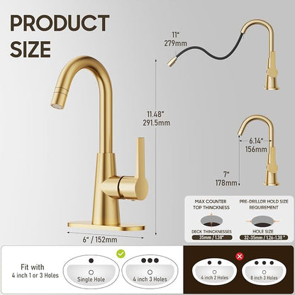 Brushed Gold Tall Bathroom Sink Faucet with Pull Down Sprayer, High Arc Single Handle Pull Out Faucet with Pop-Up Drain, 1 or 3 Hole Laundry Bar Basin Faucet with Deck Plate,WE10CL-ZY-BG