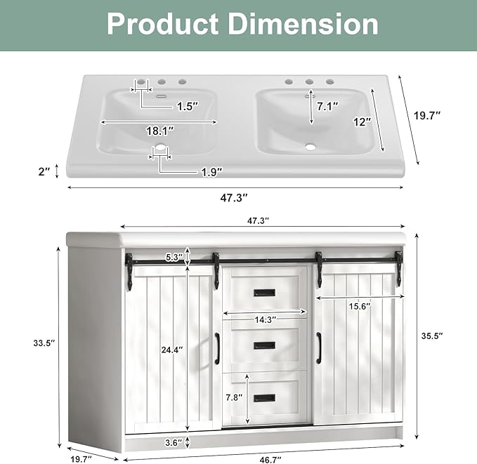 48 Inch Bathroom Vanity with Sink, Bathroom Vanity Cabinet with Doulble Sink, Bath Vanities with 2 Sliding Doors, White