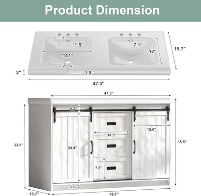 48 Inch Bathroom Vanity with Sink, Bathroom Vanity Cabinet with Doulble Sink, Bath Vanities with 2 Sliding Doors, White