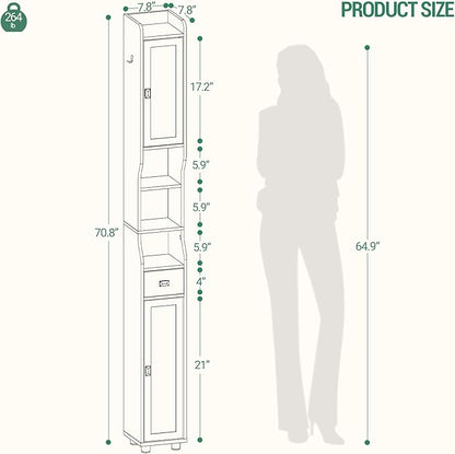 Bathroom Storage Cabinet, Narrow Tall Bathroom Cabinet, Freestanding Floor Cabinets with 2 Doors and 1 Drawer, Toilets Organizer with Adjustable Shelf, 1 Hook for Small Spaces, Black