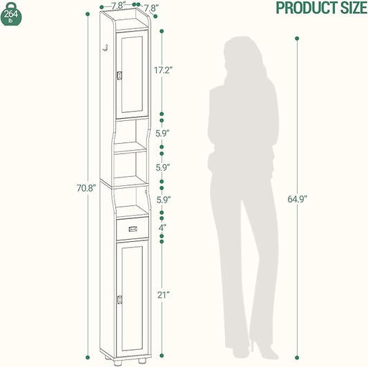 Bathroom Storage Cabinet, Narrow Tall Bathroom Cabinet, Freestanding Floor Cabinets with 2 Doors and 1 Drawer, Toilets Organizer with Adjustable Shelf, 1 Hook for Small Spaces, Black