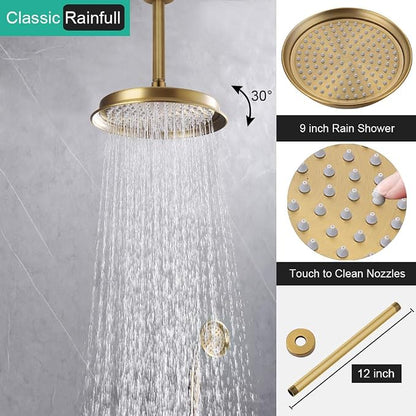 Antique Rain Shower Faucet Set with Handheld Sprayer | Brushed Titanium Gold, Multi-layer Plating, Vintage Rainfall, 2-Function Diverter Brass Valve, Ceiling Mount Easy Install