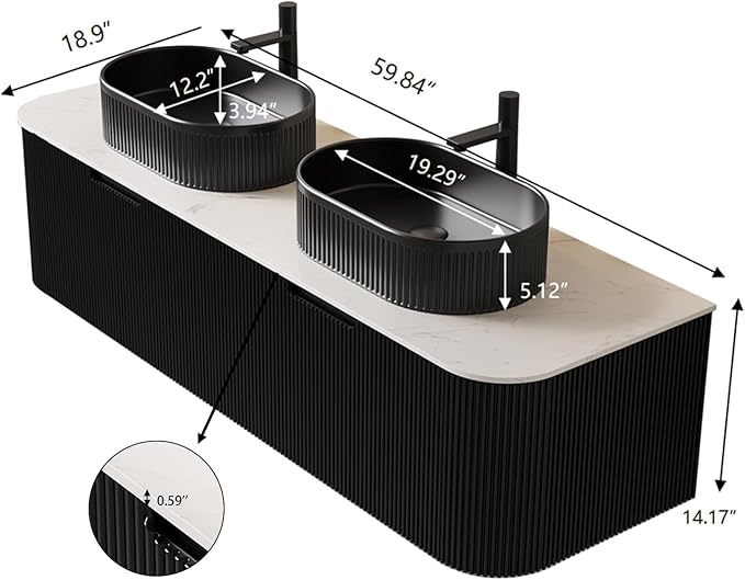 Yayzy 60" Floating Bathroom Vanity with Sink, Solid Wood Fluted Cabinet, Black Fluted Oval Ceramic Basin & Faux Marble Top, Soft-Close Drawer, Pre-Assembled, Gloss Black
