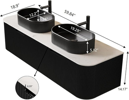 Yayzy 60" Floating Bathroom Vanity with Sink, Solid Wood Fluted Cabinet, Black Fluted Oval Ceramic Basin & Faux Marble Top, Soft-Close Drawer, Pre-Assembled, Gloss Black