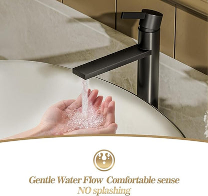 Matte Black one Hole Tall Bathroom Vessel Sink Faucet, Single Hole Single Handle Vanity Bathroom Faucet, with Pop Up Drain and Water Supply Line, FH02-MB-V