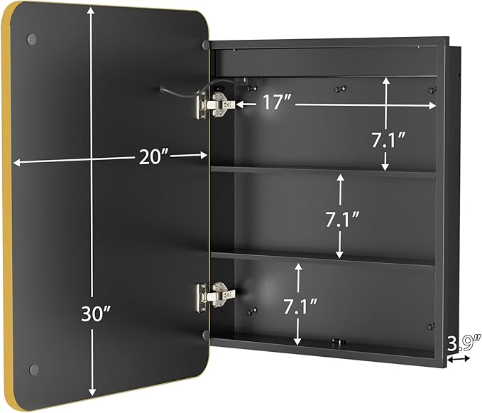ROOMTEC Lighted Medicine Cabinet with Mirror 20"x30", Bathroom Mirror Cabinet with Lights and Storage, Single Doors Bathroom Wall Cabinet with LED Lights,Gold